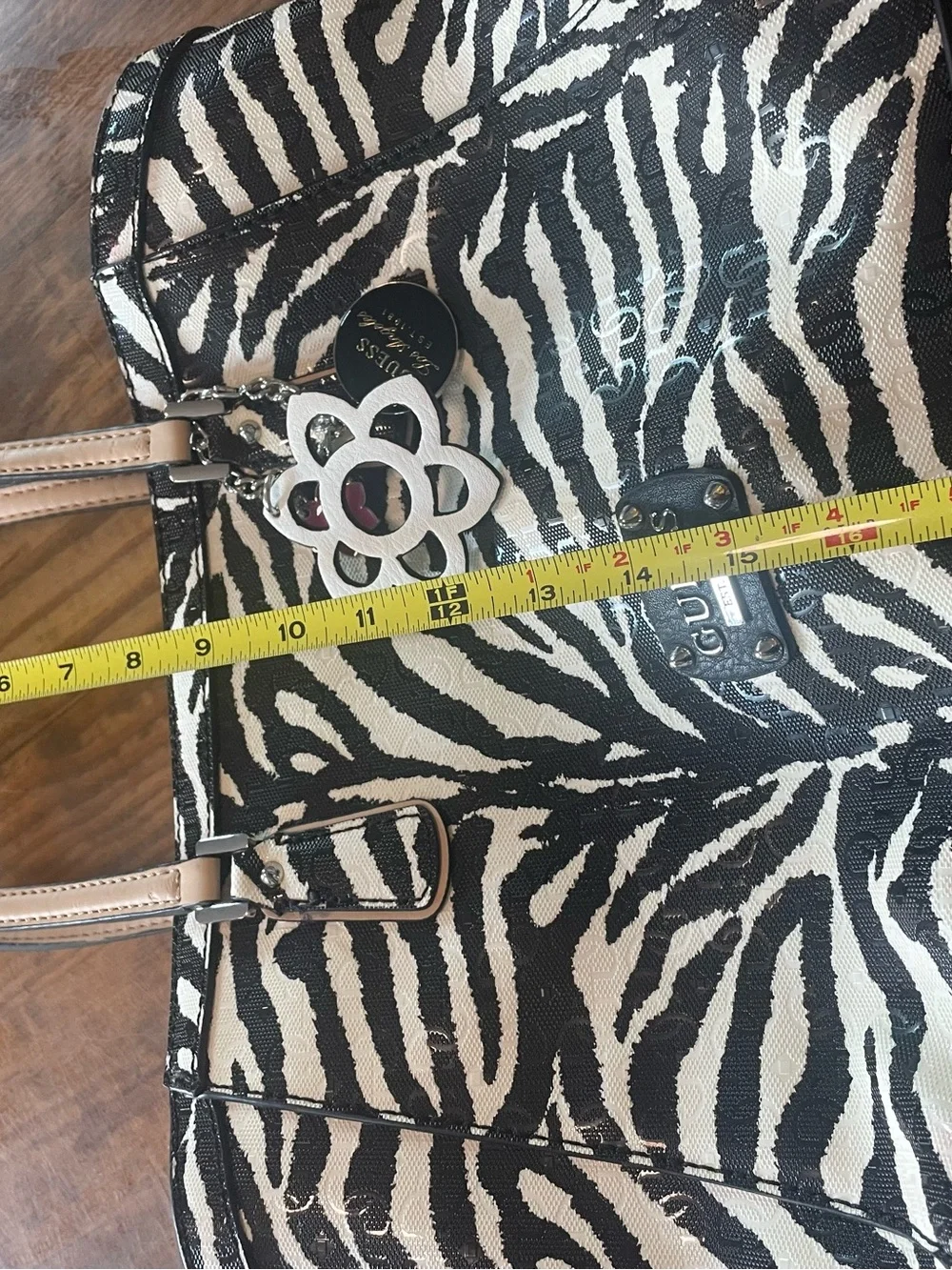 GUESS Zebra-Print Tote with Flower Charm Bag Purse Stylish